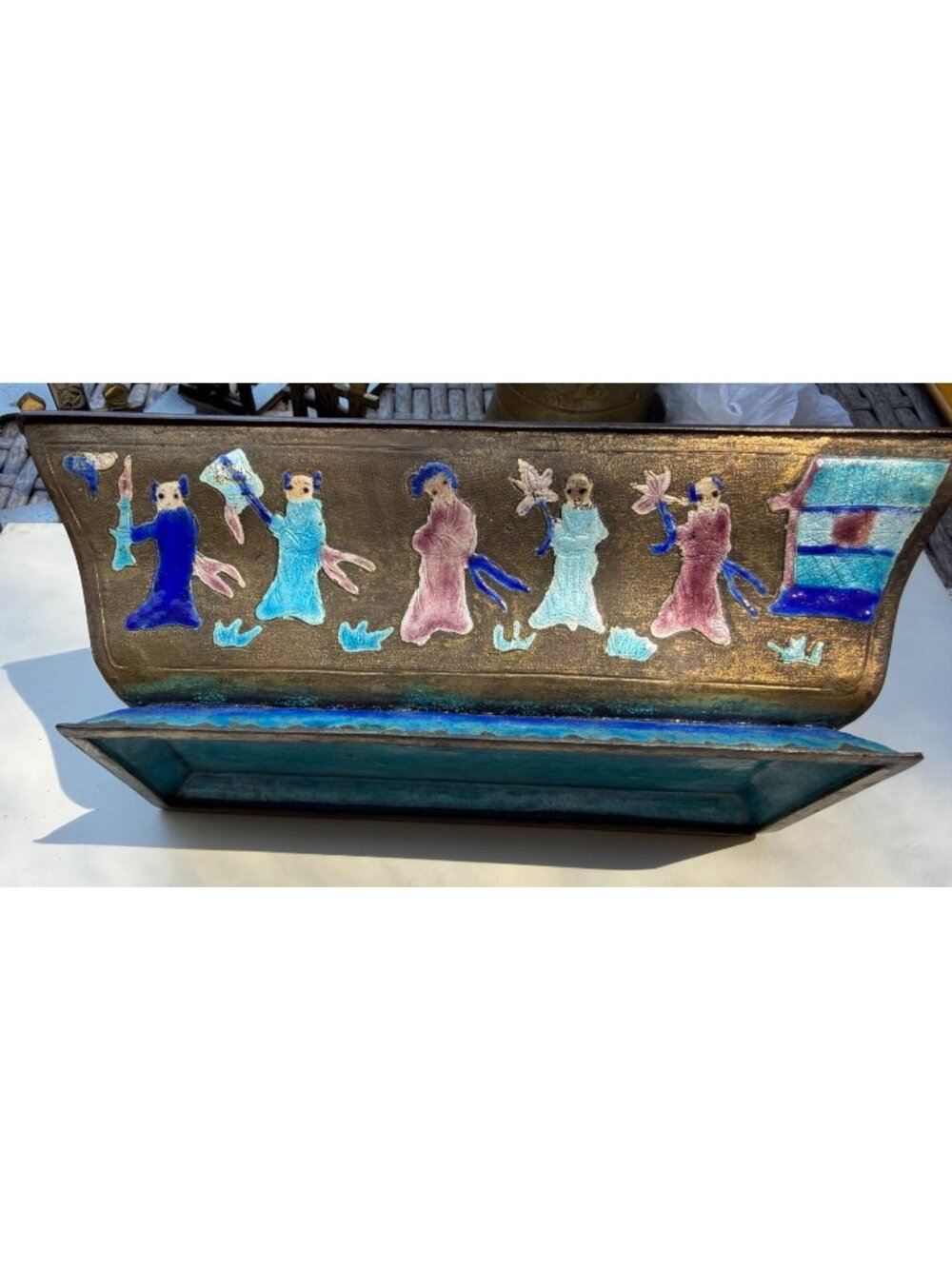 Chinese Enameled Metal Bowl With Champleve  Enamel Figures & Landscapes Possible